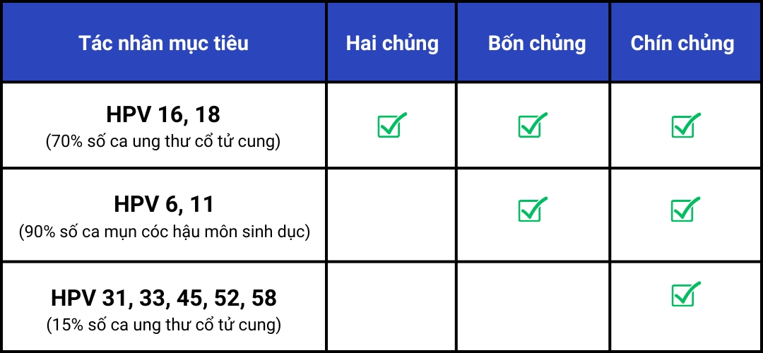 Bảng liệt kê các chủng vaccine HPV cho các type HPV