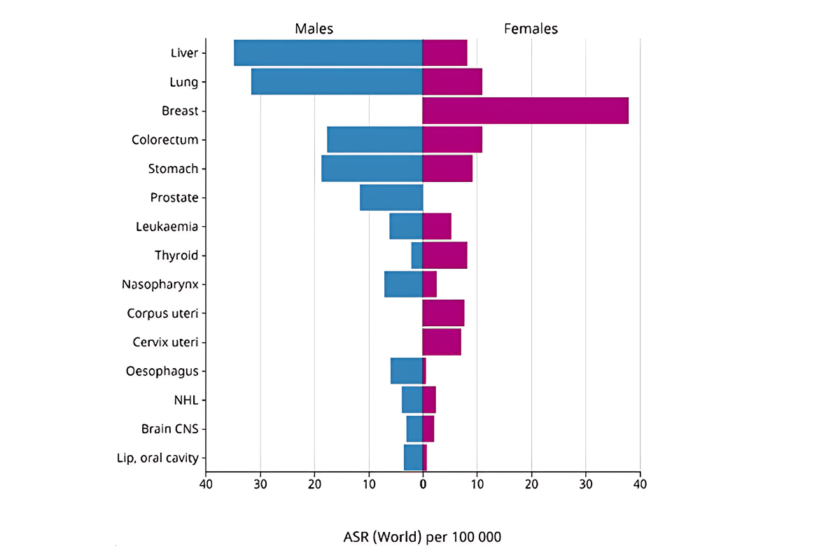 Tỷ lệ chuẩn hóa theo độ tuổi (ASR) trên 100.000 người của các loại ung thư phổ biến nhất ở Việt Nam vào năm 2022,  được chia theo giới tính nam và nữ